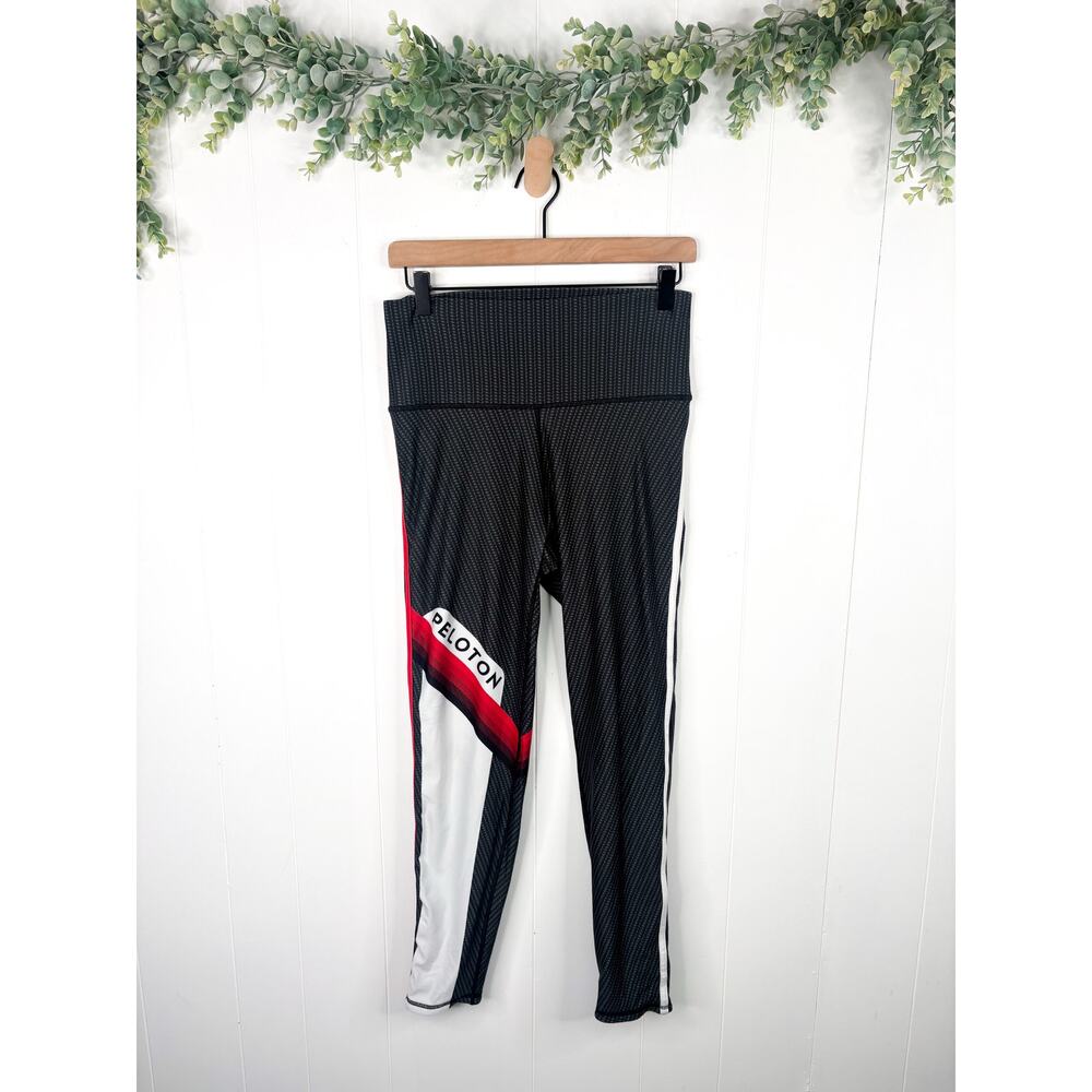Peloton x Wear It To Heart Stripe Print Leggings Large Black Gray Red Cycling